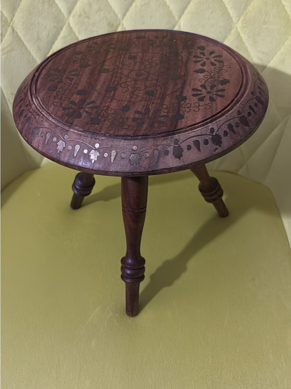 Vintage Indian brass inlay wood Chakla Chowki